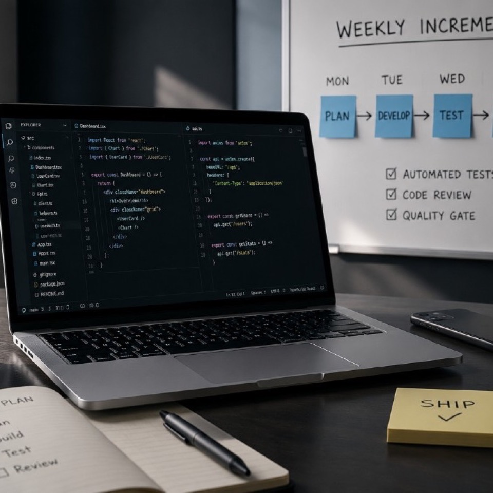 Developer workspace showing weekly ship increments on a whiteboard and laptop