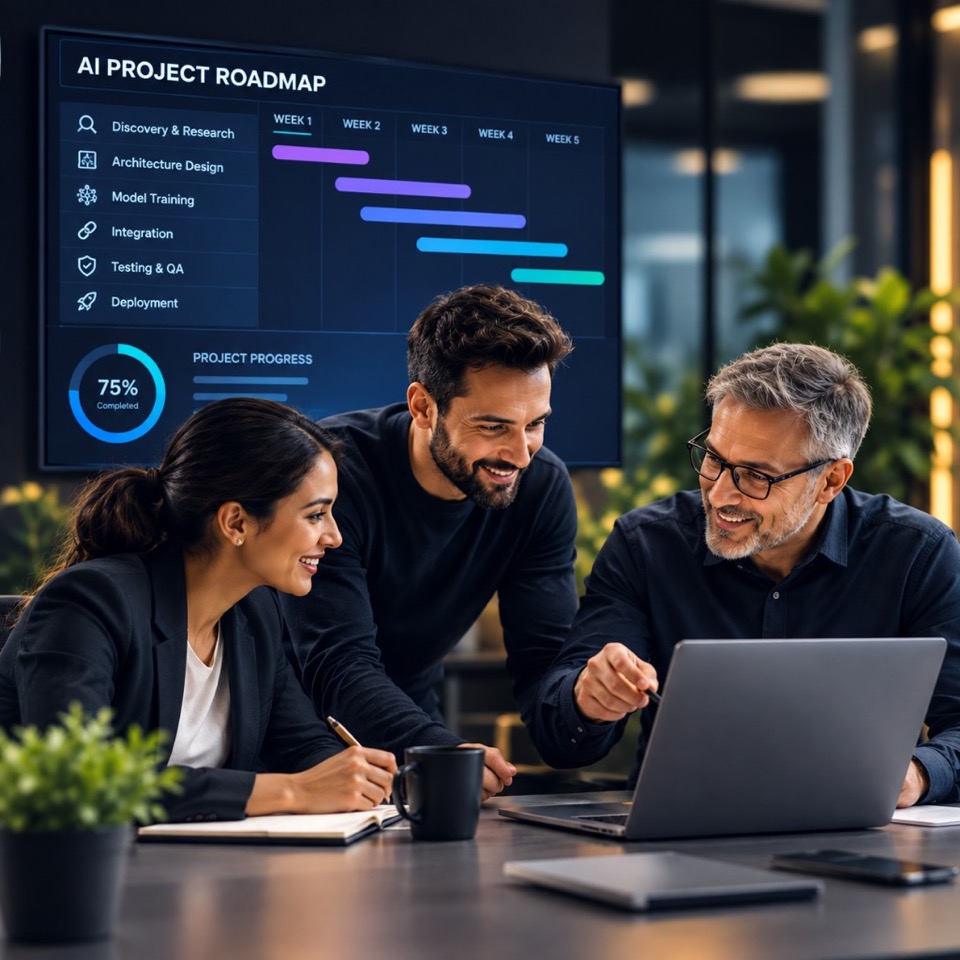 Senior engineering team reviewing an AI project roadmap together