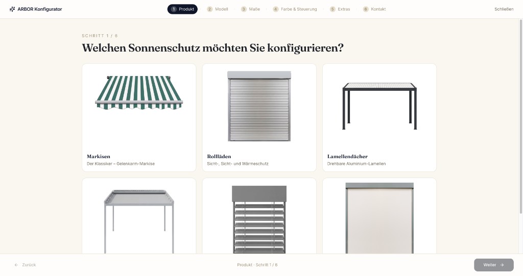 ARBOR product configurator — custom awnings, pergolas, and shutters