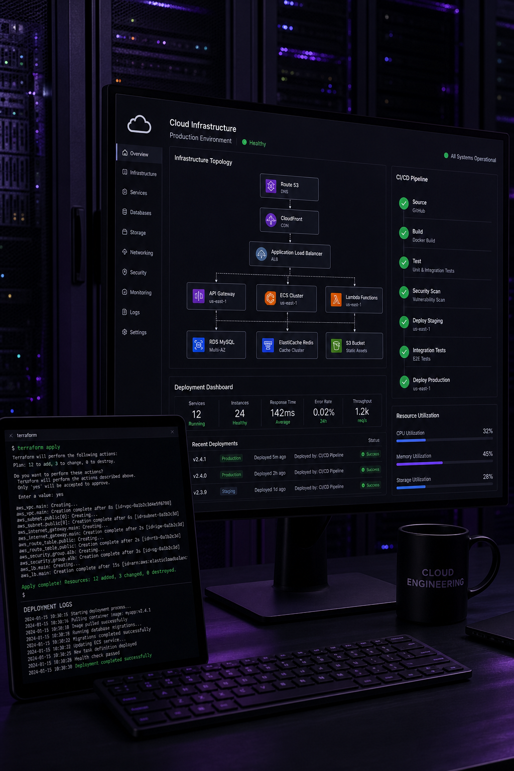 Cloud engineering workspace with infrastructure topology and CI/CD pipeline